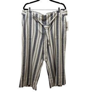 NWT Zac & Rachel Woman Tie Waist Cropped Linen Pants 1X Capris Beach Striped